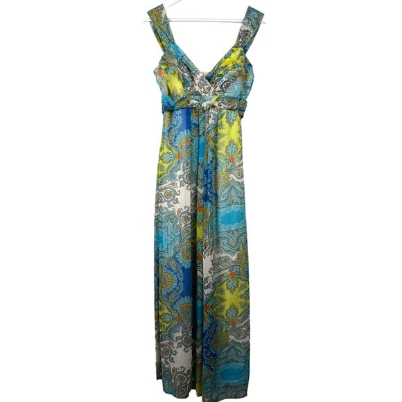 ROULETTE Womens 8 Blue Green Yellow Paisley Sleeveless Accent Tie Back Zip Dress - Picture 1 of 9